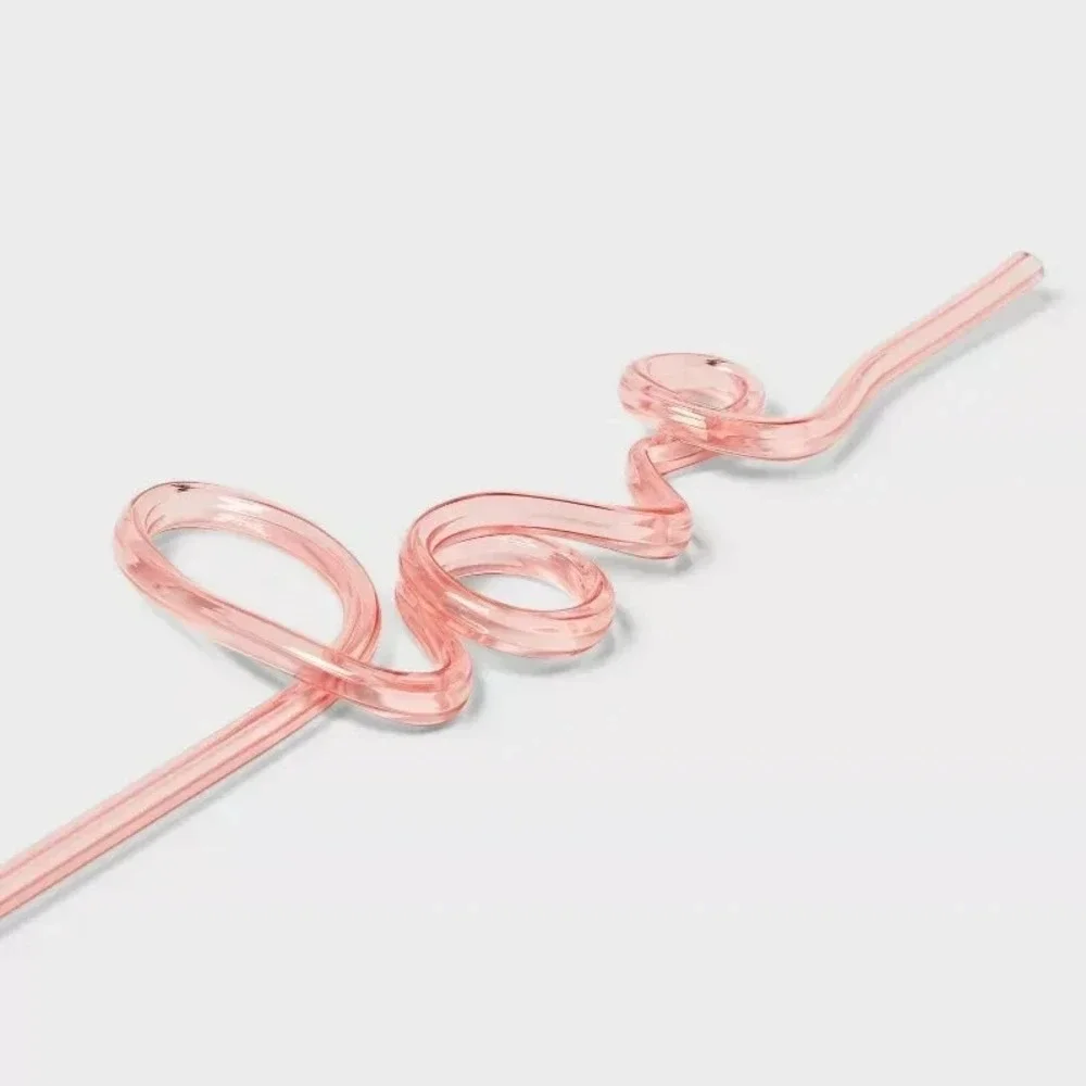 Spritz Heart Shaped Pink Love Script Straws 3ct Reusable Plastic Drinkware Party